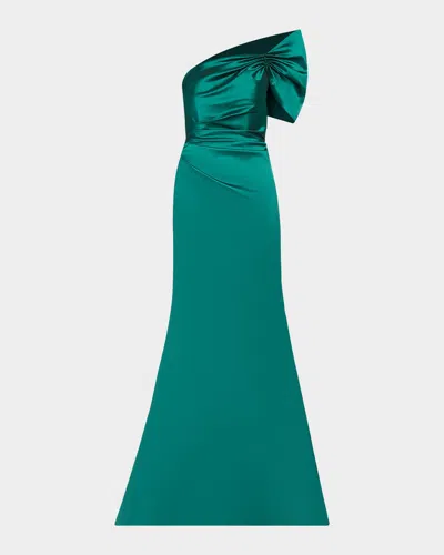 Rickie Freeman For Teri Jon One Shoulder Ruched Taffeta Gown In Green