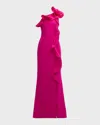 Rickie Freeman For Teri Jon One-shoulder Ruffle Column Gown In Hot Pink