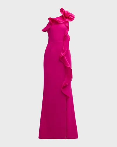 Rickie Freeman For Teri Jon One-shoulder Ruffle Column Gown In Hot Pink