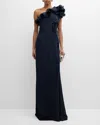 Rickie Freeman For Teri Jon One-shoulder Ruffle Column Gown In Navy