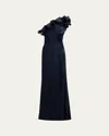 Rickie Freeman For Teri Jon One-shoulder Ruffle Column Gown In Navy
