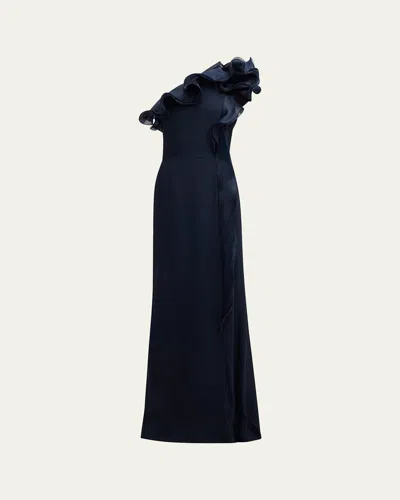 RICKIE FREEMAN FOR TERI JON ONE-SHOULDER RUFFLE COLUMN GOWN