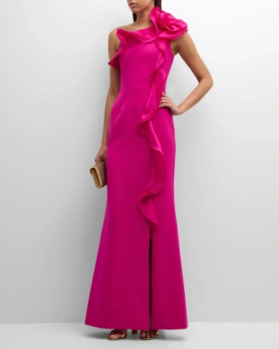 Rickie Freeman For Teri Jon One-shoulder Ruffle Crepe Gown In Hot Pink