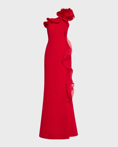 Rickie Freeman For Teri Jon One-shoulder Ruffle Crepe Gown In Red