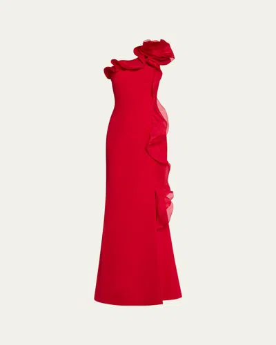RICKIE FREEMAN FOR TERI JON ONE-SHOULDER RUFFLE CREPE GOWN