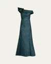 Rickie Freeman For Teri Jon One-shoulder Ruffle Jacquard Gown In Green Navy
