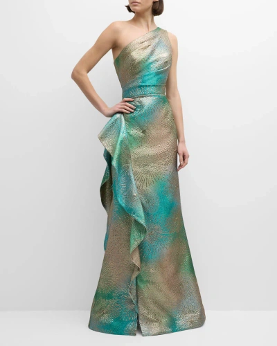 Rickie Freeman For Teri Jon One-shoulder Ruffle Metallic Jacquard Gown In Green Mult