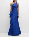 RICKIE FREEMAN FOR TERI JON ONE-SHOULDER RUFFLE METALLIC JACQUARD GOWN