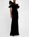 RICKIE FREEMAN FOR TERI JON ONE-SHOULDER RUFFLE STRETCH VELVET GOWN