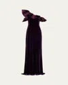 Rickie Freeman For Teri Jon One-shoulder Ruffle Velvet Gown In Purple