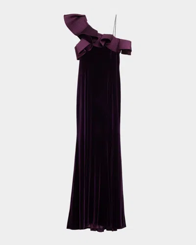 Rickie Freeman For Teri Jon One-shoulder Ruffle Velvet Gown In Purple
