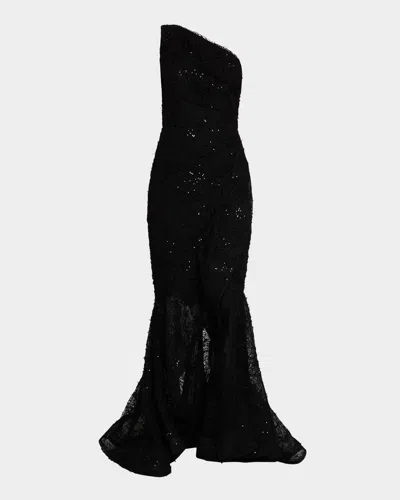 Rickie Freeman For Teri Jon One-shoulder Sequin Lace Mermaid Gown In Black