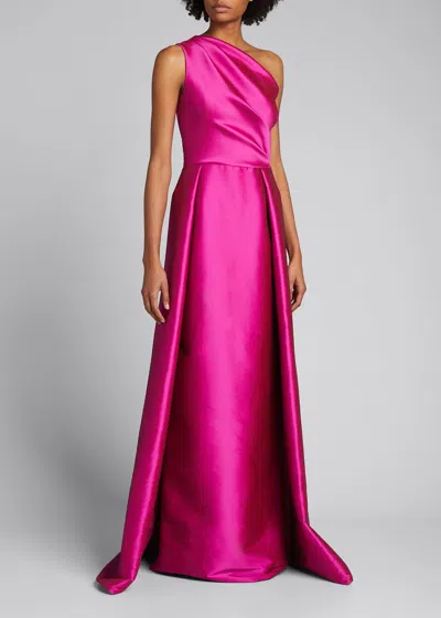 Rickie Freeman For Teri Jon One-shoulder Stretch Gazar Gown In Hot Pink