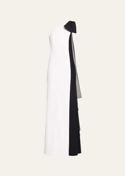 Rickie Freeman For Teri Jon One-shoulder Two-tone Column Gown In Black Whit