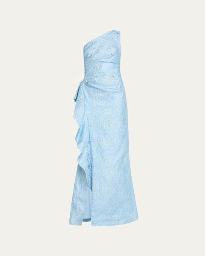 Rickie Freeman For Teri Jon One-shoulder Jacquard Side-ruffle Gown In Blue