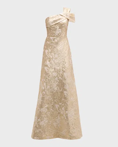 Rickie Freeman For Teri Jon One-shoulder Metallic Jacquard A-line Gown In White