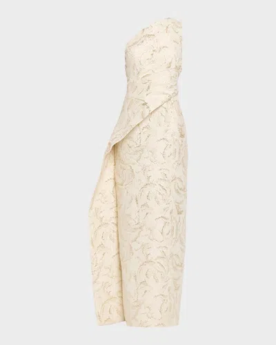 Rickie Freeman For Teri Jon One-shoulder Metallic Jacquard Column Gown In Neutral