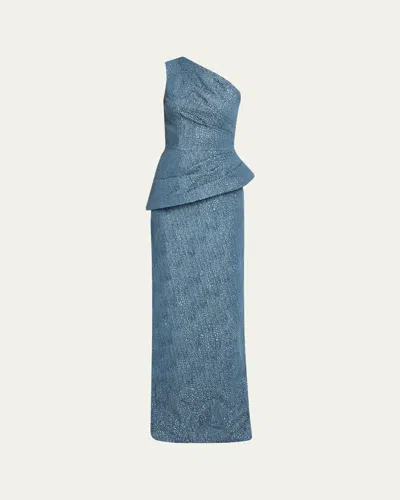 Rickie Freeman For Teri Jon One-shoulder Metallic Jacquard Peplum Gown In Blue