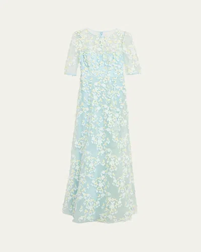 Rickie Freeman For Teri Jon Petal Applique Illusion Tulle Gown In Blue