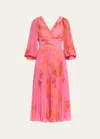 Rickie Freeman For Teri Jon Pleated Abstract-print Chiffon Midi Dress In Pink Multi