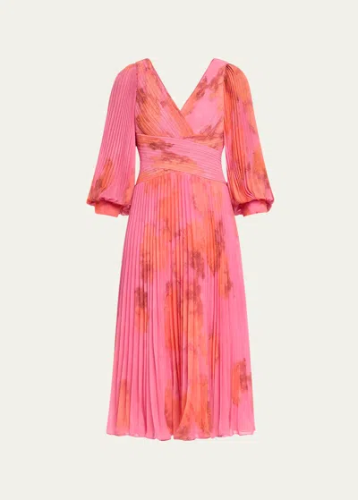 Rickie Freeman For Teri Jon Pleated Abstract-print Chiffon Midi Dress In Pink Multi