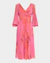 Rickie Freeman For Teri Jon Pleated Abstract-print Chiffon Midi Dress In Pink Multi