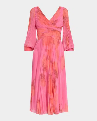 RICKIE FREEMAN FOR TERI JON PLEATED ABSTRACT-PRINT CHIFFON MIDI DRESS