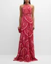 RICKIE FREEMAN FOR TERI JON PLEATED BEAD-EMBELLISHED HALTER CHIFFON GOWN