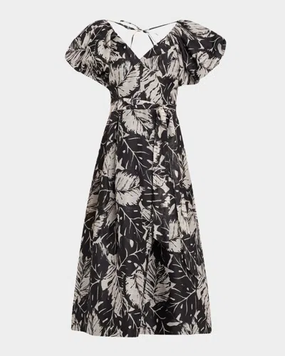Rickie Freeman For Teri Jon Pleated Botanical-print Midi Dress