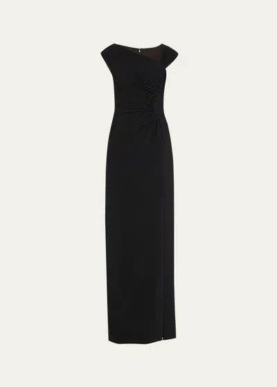 Rickie Freeman For Teri Jon Pleated Cap-sleeve Crepe Column Gown In Black