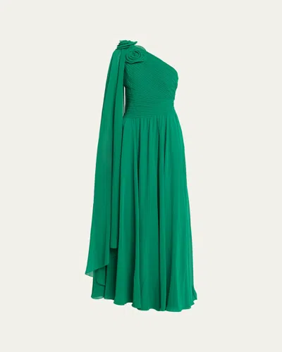 Rickie Freeman For Teri Jon Pleated Cape-sleeve Chiffon Gown In Multi