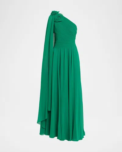 Rickie Freeman For Teri Jon Pleated Cape-sleeve Chiffon Gown In Multi