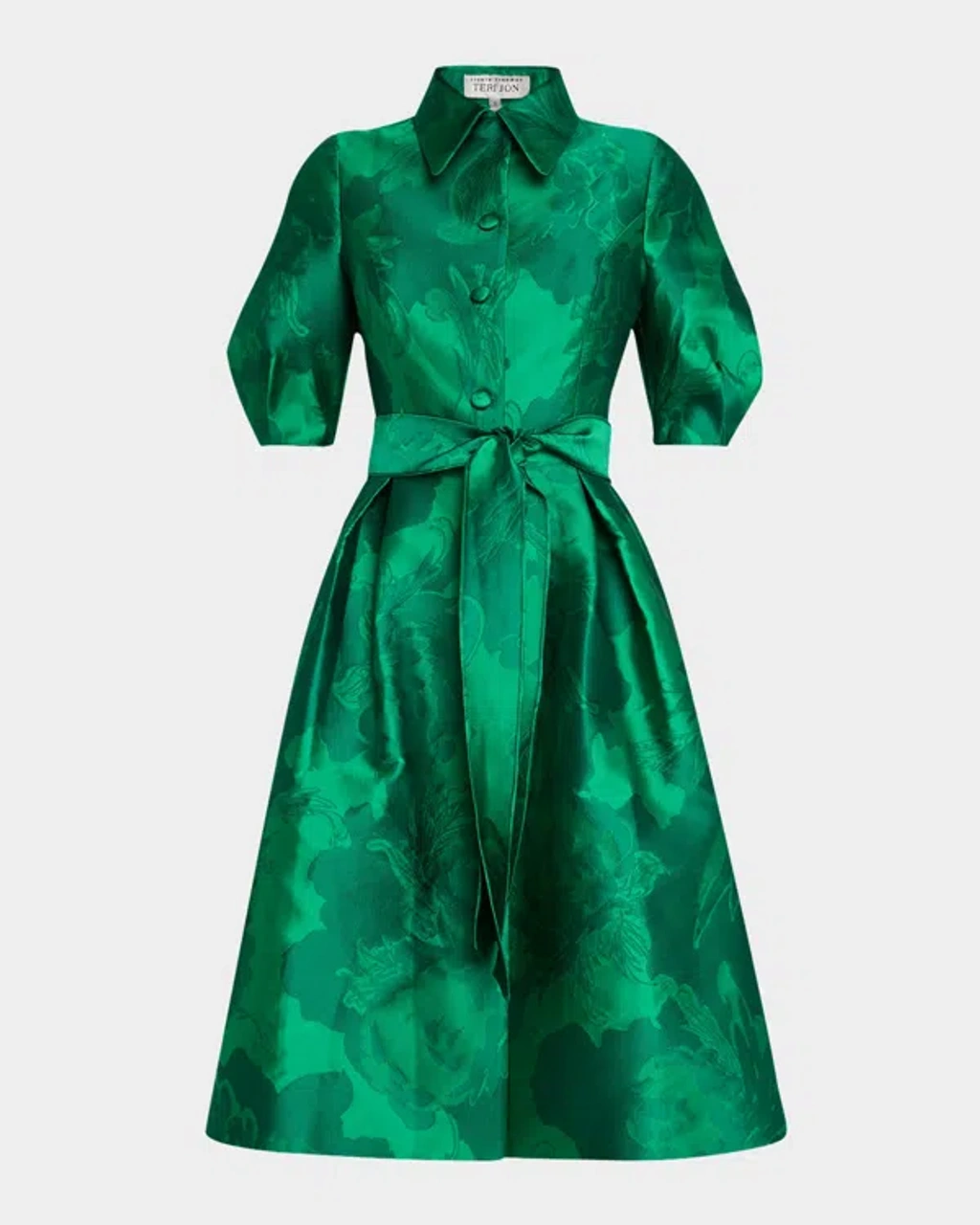 Rickie Freeman For Teri Jon Pleated Floral Jacquard Midi Shirtdress In  Emerald | ModeSens