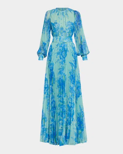 Rickie Freeman For Teri Jon Pleated Floral-print Blouson-sleeve Gown In Mint Mult