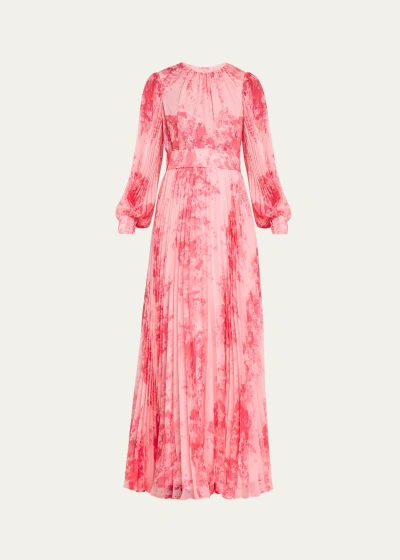 Rickie Freeman For Teri Jon Pleated Floral-print Blouson-sleeve Gown In Pink Multi