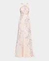 Rickie Freeman For Teri Jon Pleated Floral-print Halter Gown In Cream Mult