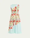 Rickie Freeman For Teri Jon Pleated Floral-print Midi Dress In Mint Multi