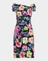 Rickie Freeman For Teri Jon Pleated Floral-print Stretch Gazar Dress In Black
