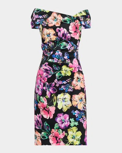 Rickie Freeman For Teri Jon Pleated Floral-print Stretch Gazar Dress In Black