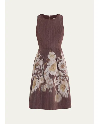 Rickie Freeman For Teri Jon Pleated Floral-print Mikado Dress In Brown