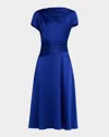 Rickie Freeman For Teri Jon Pleated Hammered Satin Midi Dress In Cobalt
