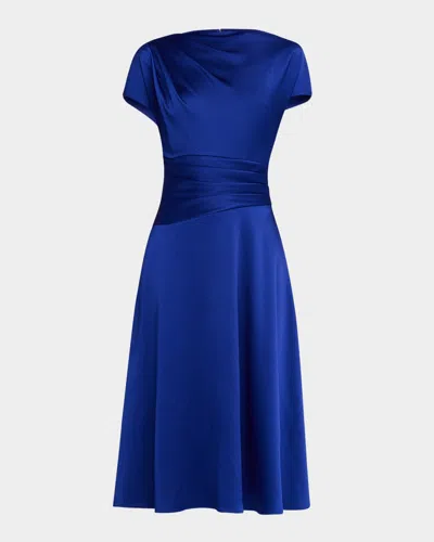 Rickie Freeman For Teri Jon Pleated Hammered Satin Midi Dress In Cobalt