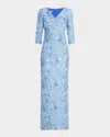 Rickie Freeman For Teri Jon Pleated Metallic Jacquard Column Gown In Lavender Multi