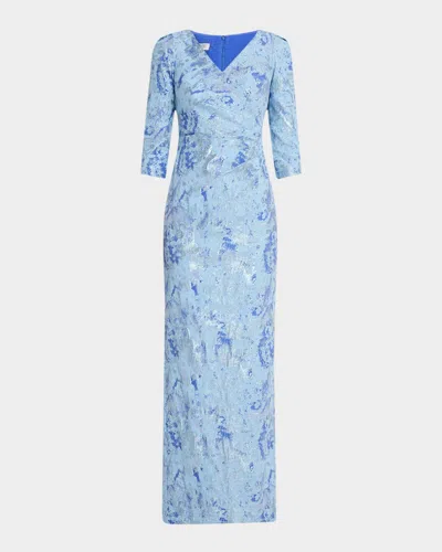 Rickie Freeman For Teri Jon Pleated Metallic Jacquard Column Gown In Lavender Multi