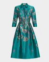 Rickie Freeman For Teri Jon Pleated Metallic Jacquard Midi Shirtdress In Blue