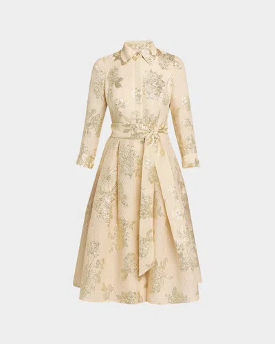 Rickie Freeman For Teri Jon Pleated Metallic Jacquard Midi Shirtdress In Multi
