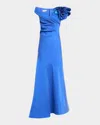 Rickie Freeman For Teri Jon Pleated Off-shoulder Ruffle Gazar Gown In Ocean Blue