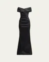 Rickie Freeman For Teri Jon Pleated Off-shoulder Satin Column Gown In Black