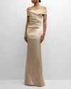 Rickie Freeman For Teri Jon Pleated Off-shoulder Satin Column Gown In Champagne