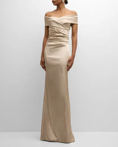 Rickie Freeman For Teri Jon Pleated Off-shoulder Satin Column Gown In Champagne